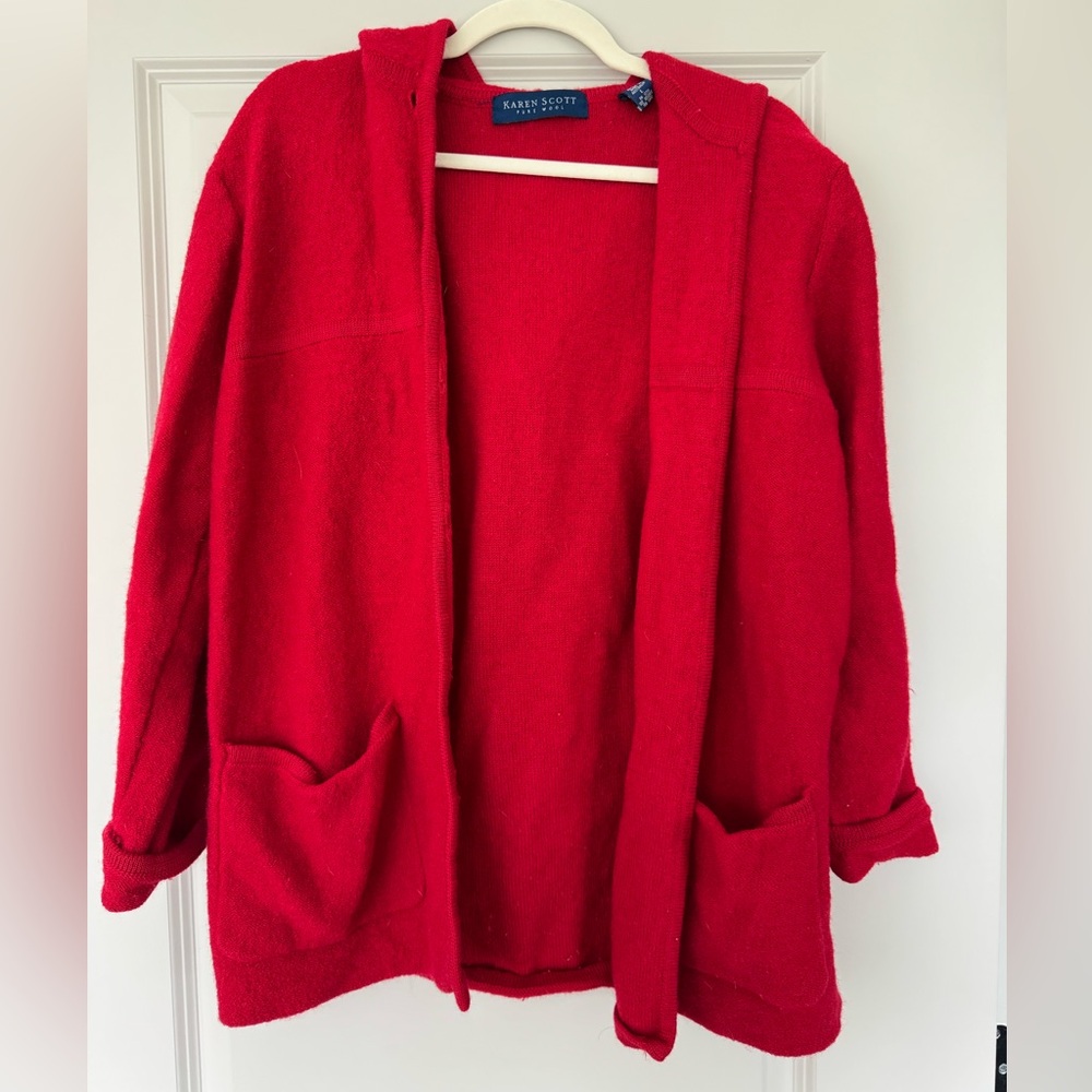Karen Scott Pure Wool Red Hooded Toggle Cardigan Sweater Size L